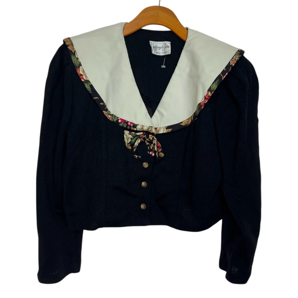 Jeffrey Dara by Linda Hutley Cardigan Knit Sweater Sailoe Collar Floral Vintage